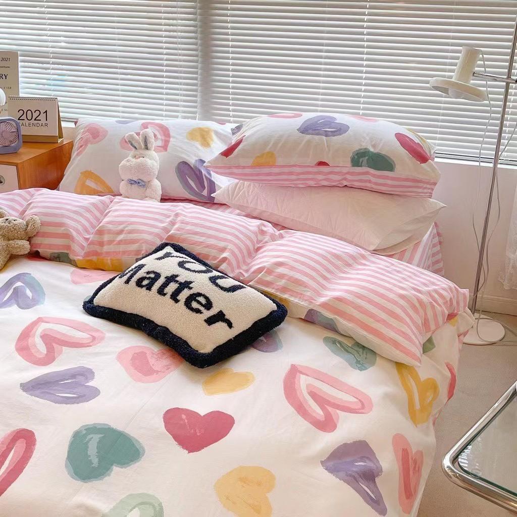 Bộ chăn ga gối Cotton poly M2T Bedding Tim mộng mơ, vỏ chăn mền, drap nệm và 2 vỏ gối