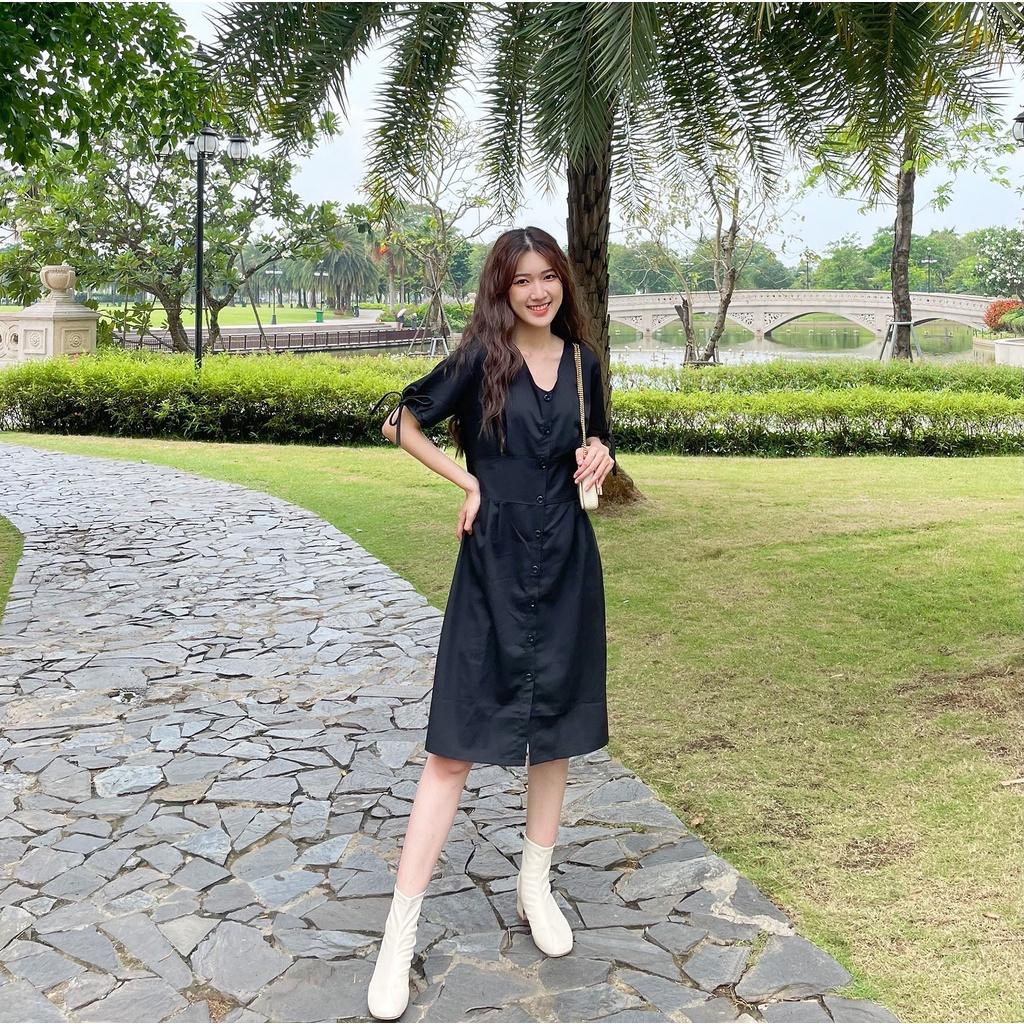 Đầm Dáng Ôm, Ngắn Tay, Cách Điệu Nhún Eo, Có Núc, Cổ Tay Thắt Nơ, Màu Đen - Lovadova 21D10C002