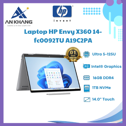 Laptop HP Envy X360 14-fc0092TU (A19C2PA) (Ultra5 125U/16GB RAM/1TB SSD/14 2.8K Cảm ứng/Bút/Win11/Bạc) - Hàng Chính Hãng