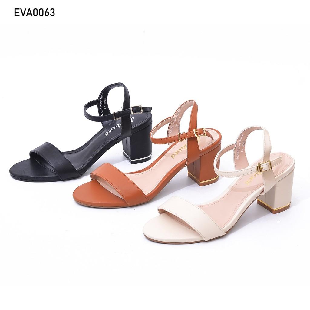 Sandal Cao Gót Đế Vuông Viền Ánh Kim Mũi Nhọn Quai Ngang Da PU 5cm Evashoes