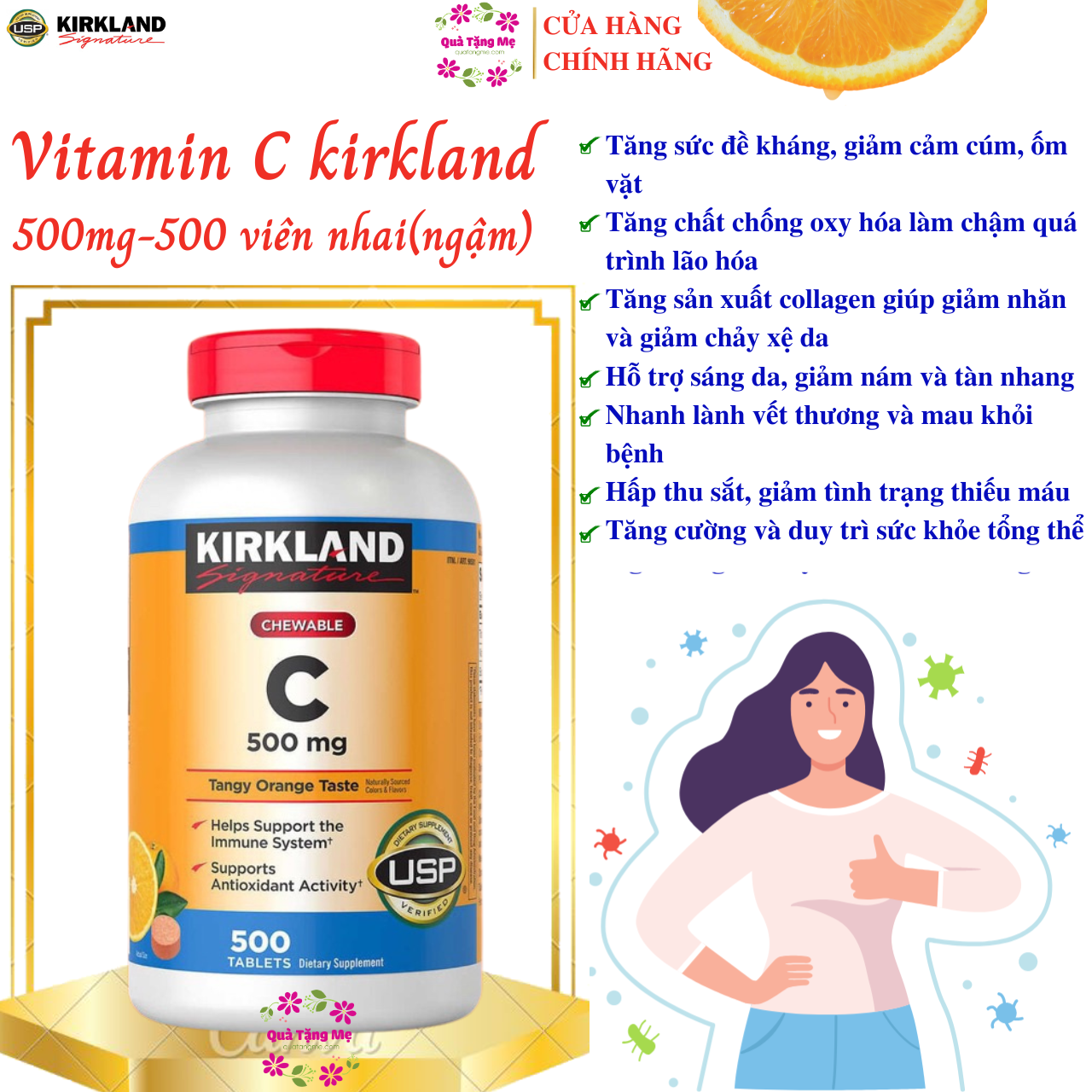 Vitamin C Kirkland Signature Mỹ Tăng cường sức đề kháng, Sáng da, làm chậm quá trình lão hóa, nhanh lành vết thương - QuaTangMe Extaste