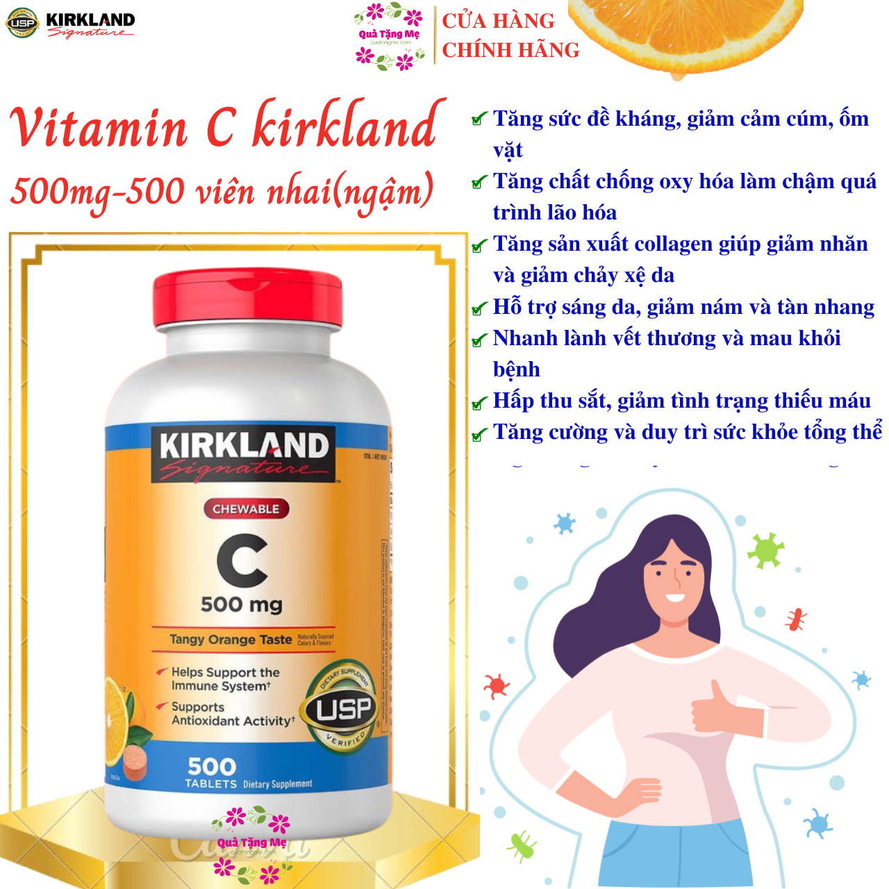 Vitamin C Kirkland Signature Mỹ Tăng cường sức đề kháng, Sáng da, làm chậm quá trình lão hóa, nhanh lành vết thương (bệnh) - QuaTangMe Extaste