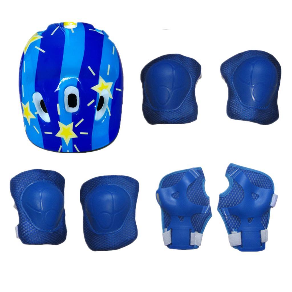 Set of 7 Pcs Kids Adult Roller Skating Helmet Knee Wrist Guard Elbow Pad Blue