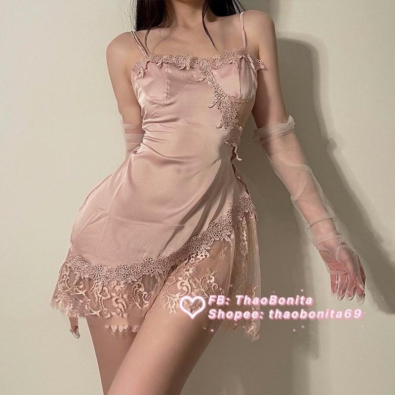 Váy Ngủ Lụa Phối Ren Mềm Mại Cao Cấp. SHIP HỎA TỐC TPHCM. Đồ Ngủ Cosplay Sexy. ThaoBonita T046