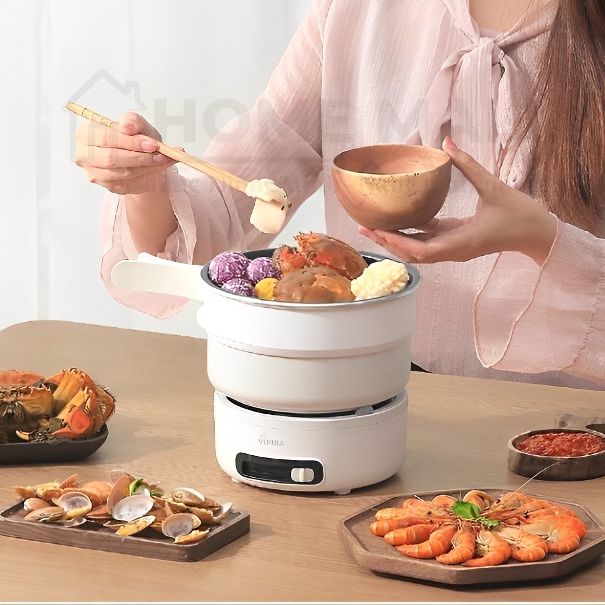 Nồi lẩu điện mini đa năng chống dính cao cấp Homea2z, combo bếp và nồi có tay cầm gấp gọn thông minh, nồi mini du lịch