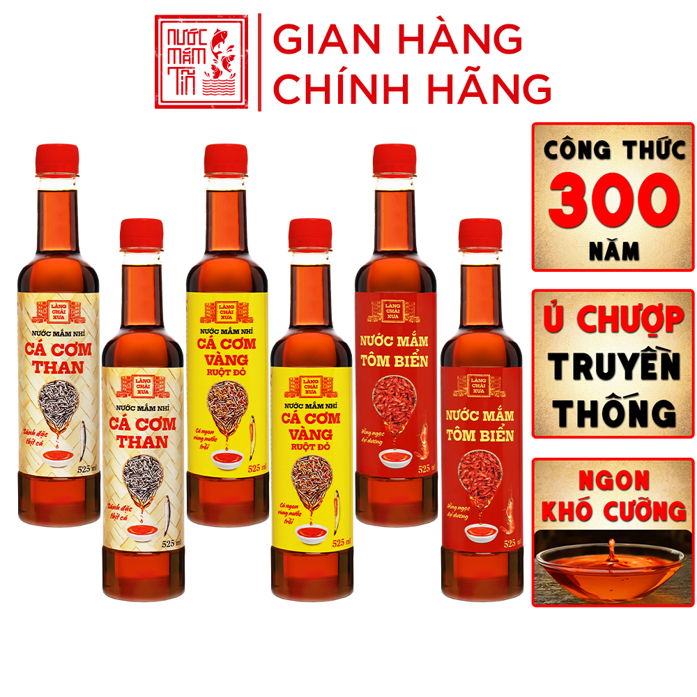 Đặc Sản Phan Thiết - [Thùng 6 Chai - 3 Vị] Nước Mắm Nhỉ Làng Chài Xưa Cá Cơm Than, Tôm Biển, Cá Cơm Vàng Ruột Đỏ 525Ml/Chai Nhựa Cao Cấp