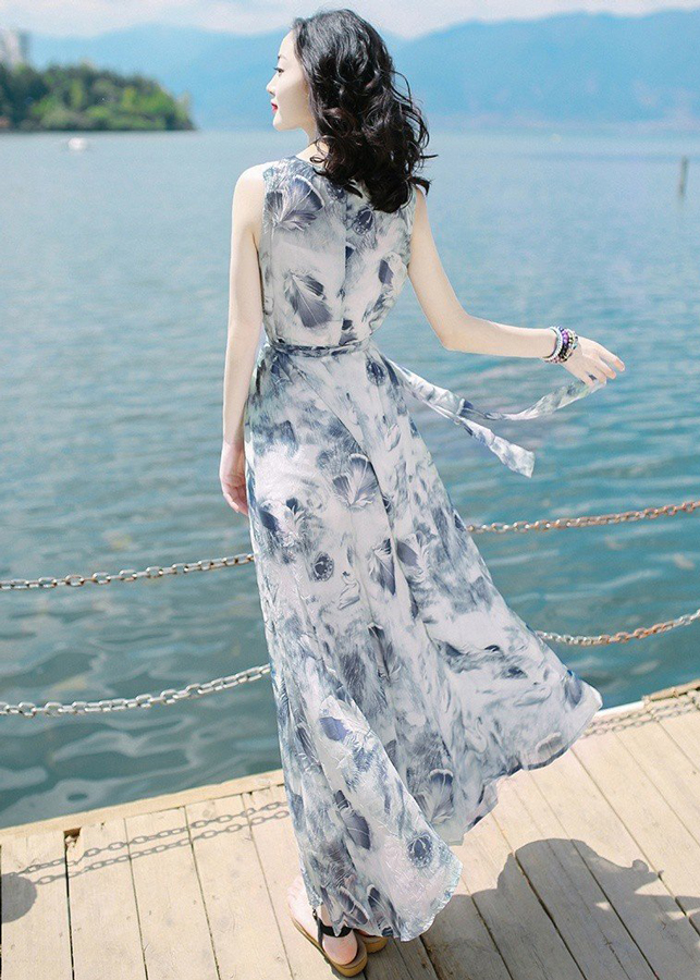 Đầm Nữ Maxi Họa Tiết Hình Chiếc Lông DH011 - Xám