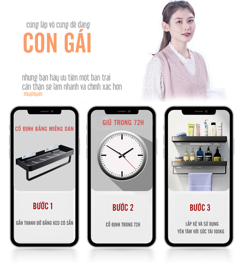 Combo 2 Kệ Nhà Tắm Cao Cấp Hiện Đại Phong Cách Bắc Âu Dán Tường Không Khoan Tường