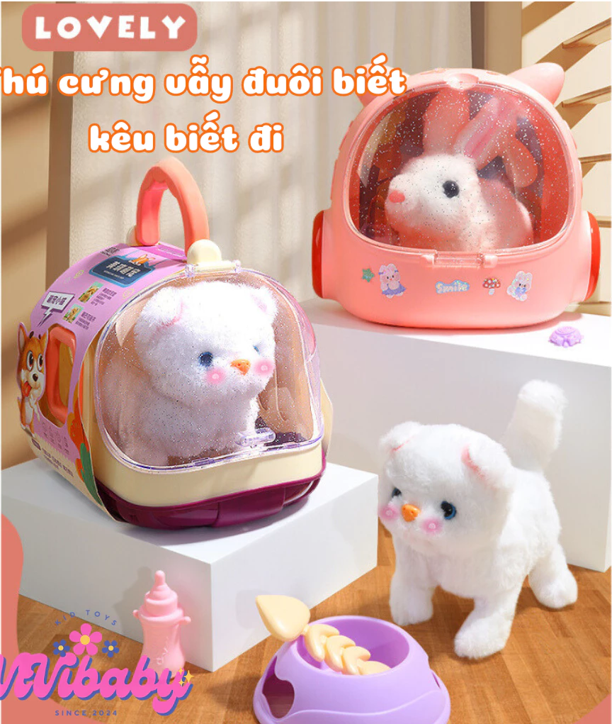 Đồ Chơi Lồng Thú Cưng, Lồng Mèo Lồng Thỏ Lồng Chó Cho Bé Chăm Sóc, Thú Cưng Biết Đi Biết Kêu Kèm Phụ Kiện Đáng Yêu Cute