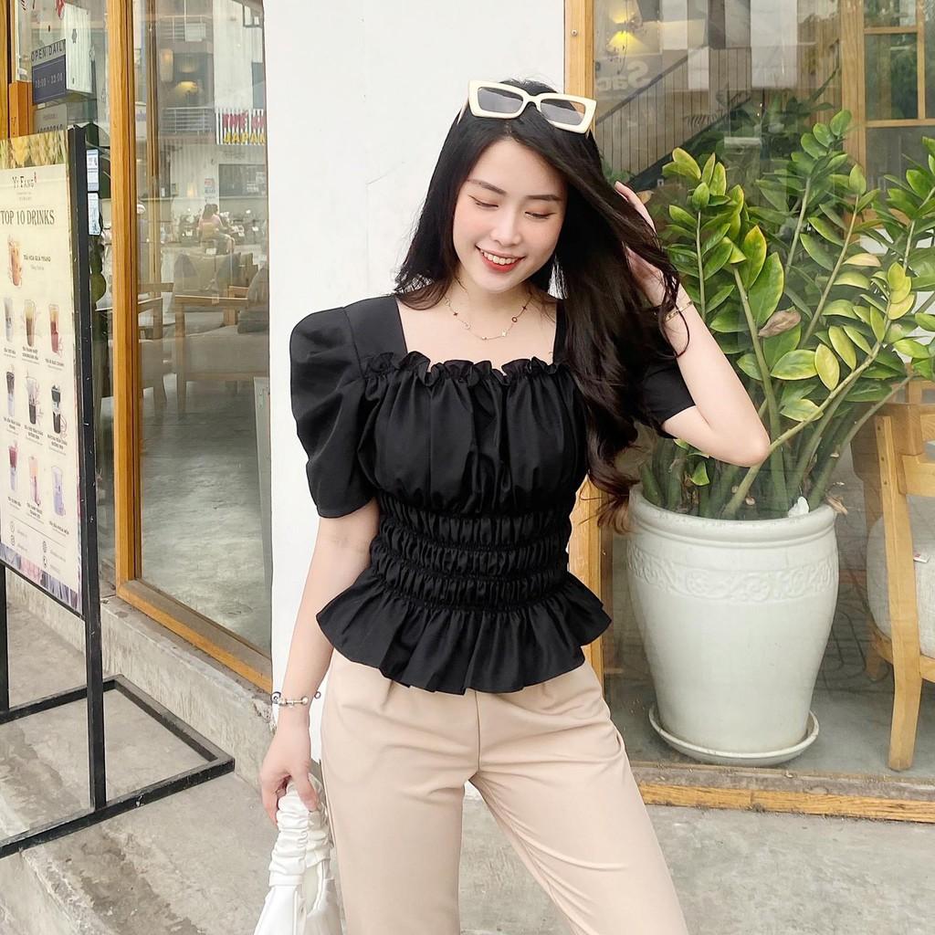 ÁO KIỂU CROPTOP LỤA CỔ VUÔNG BÈO TAY PHỒNG NHÙN THUN BỤNG EO XÒE BÈO