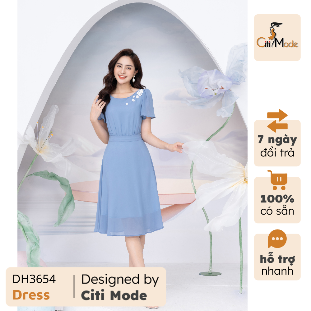 Đầm xoè Voan xanh thêu hoa vai DH3654