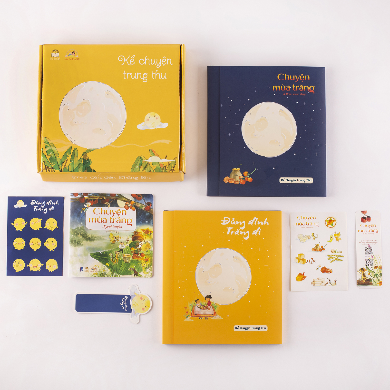 Hộp sách Kể Chuyện Trung Thu 2 cuốn Đủng Đỉnh Trăng Đi và Chuyện Mùa Trăng kèm sticker, bookmark quà cho bé 0-6 tuổi