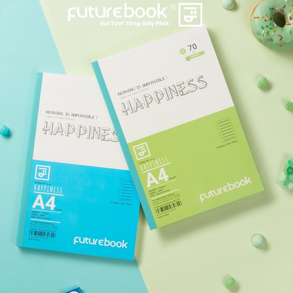 Sổ May Chỉ Dán Gáy Happiness A4- Kẻ Ngang- 70GSM- Phong cách Nhật Bản. VPP FUTUREBOOK. Giao mẫu ngẫu nhiên.