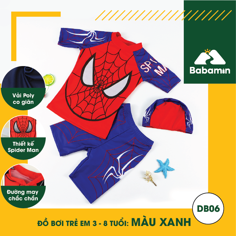 Đồ Bơi Trẻ Em Bé Trai 3 - 8 Tuổi - Babamin - Kèm Mũ - Họa Tiết Spider Man Ngộ Nghĩnh - DB06