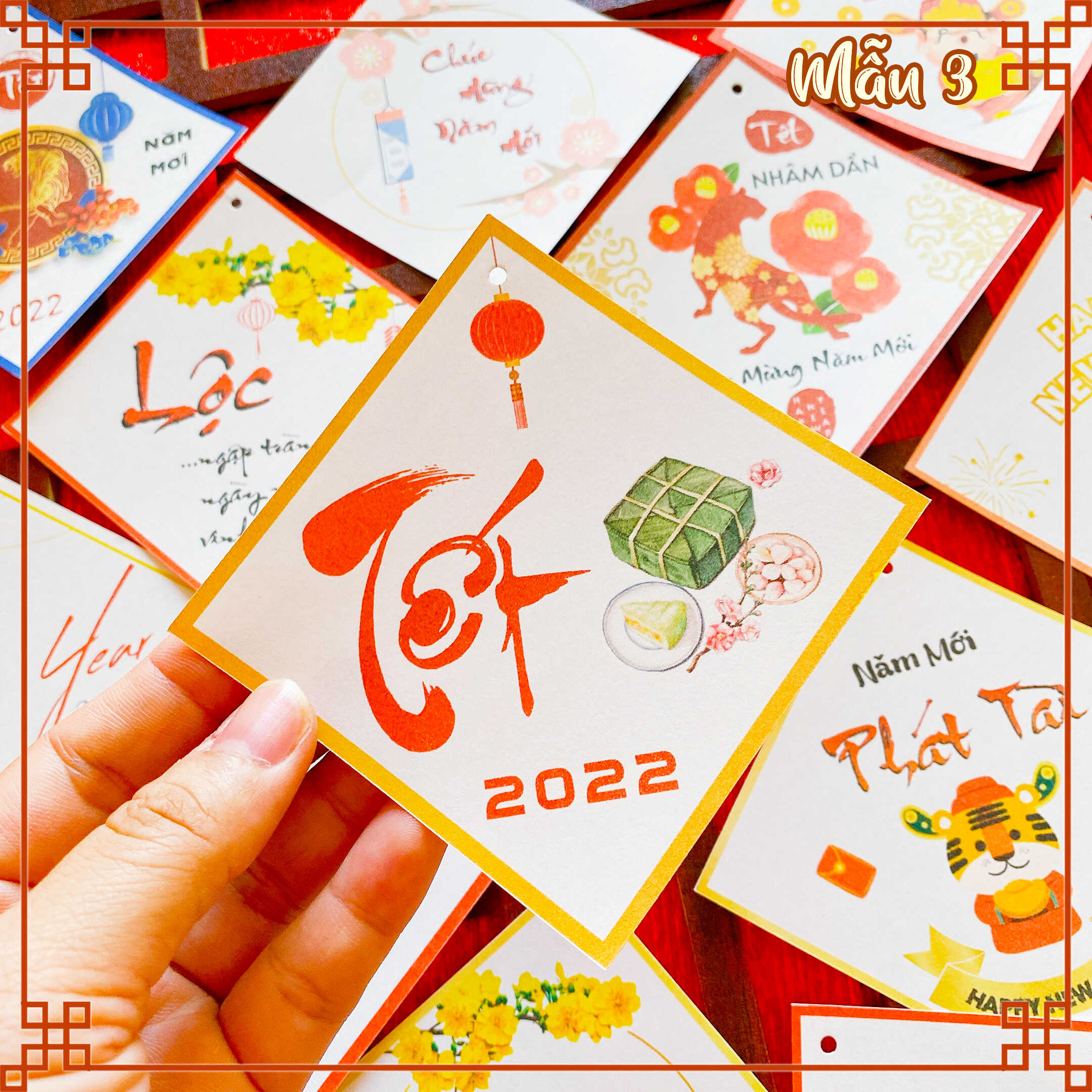 Set 50 Thẻ/Tag treo Chúc mừng năm mới 9x9 cm trang trí túi quà tặng ngày Tết với nhiều mẫu đa dạng, đục lỗ sẵn