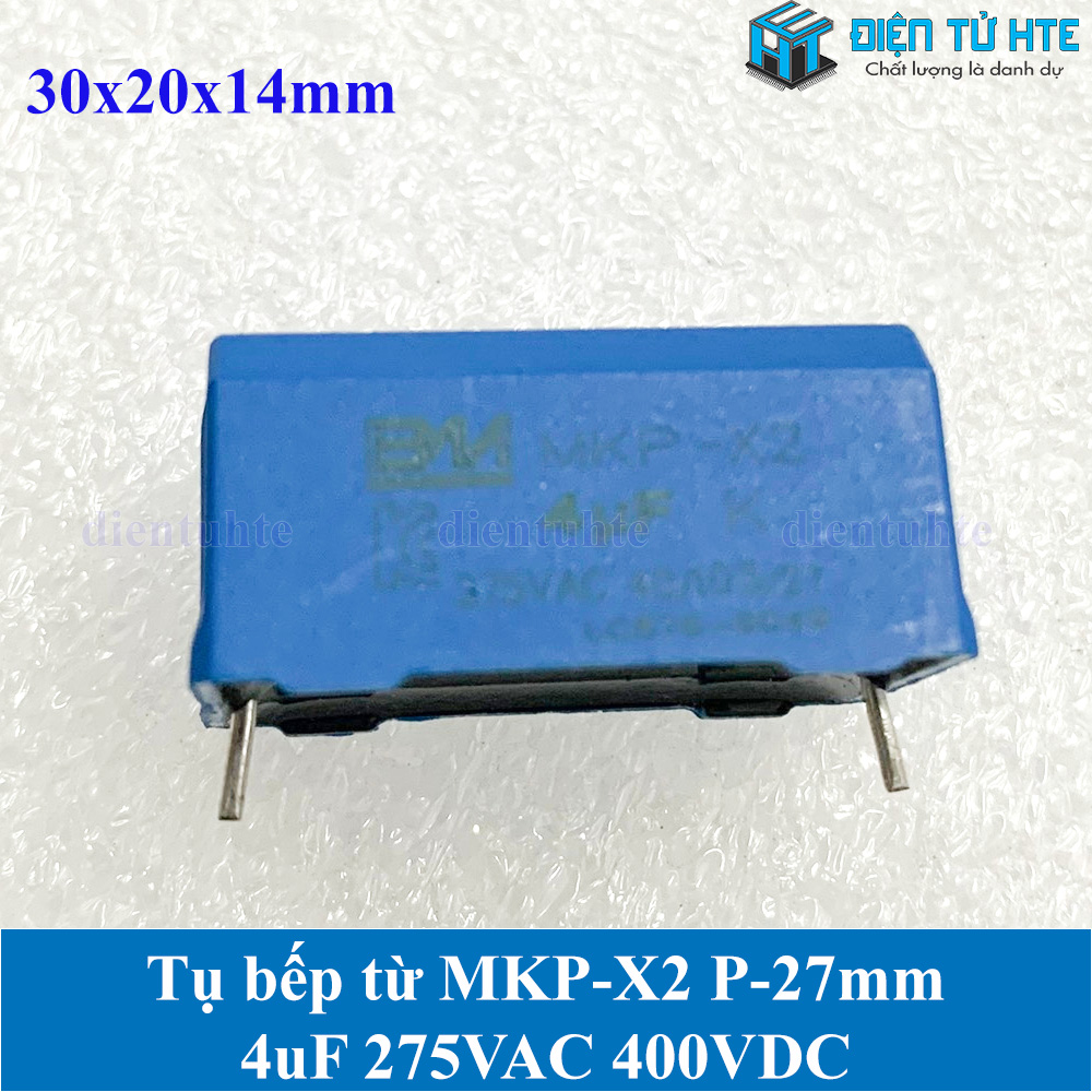 Tụ bếp từ MKP-X2 4uF 275VAC 400VDC pitch 27mm Xanh dương size 30x20x14mm