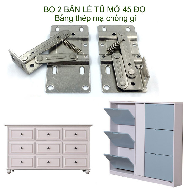 Bộ 2 bản lề tủ 45 độ, bằng thép mạ niken chống gỉ, dùng chỏ tủ bếp, tủ giày