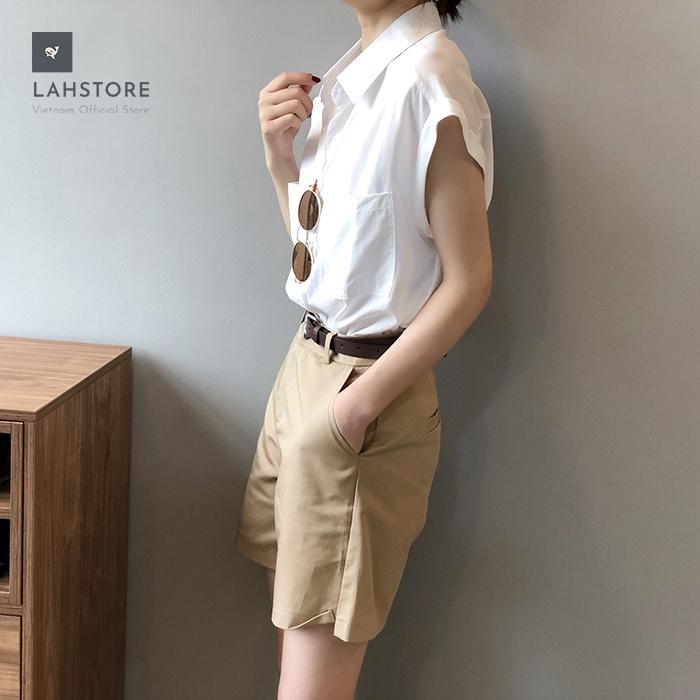 Áo sơ mi thô Linen nữ form rộng cổ bẻ 2 túi ngực trẻ trung LAHSTORE, thời trang phong cách trẻ