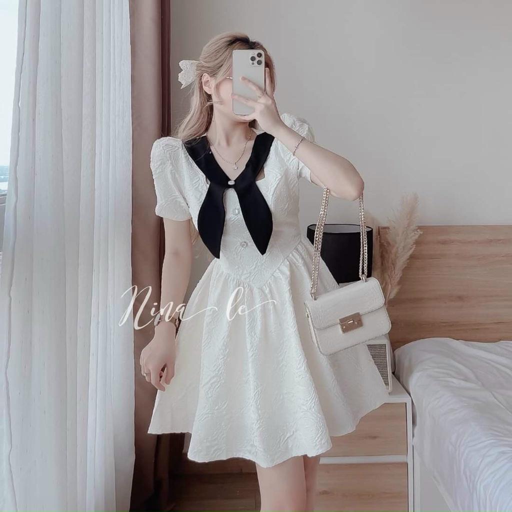 Váy đầm nữ dáng xòe cổ kết nơ dễ thương