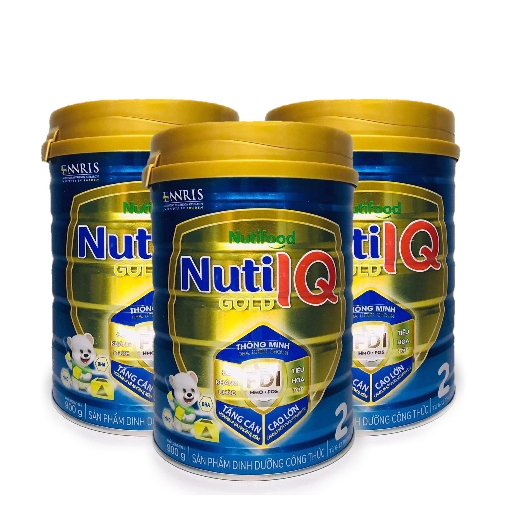 Bộ 3 lon sữa Nuti IQ Gold 2 900g (mới) - Phát triển não bộ và thị giác, Tăng cường sức đề kháng, Phát triển cân nặng - chiều cao, Tiêu hoá - hấp thu tốt, Ngăn ngừa táo bón