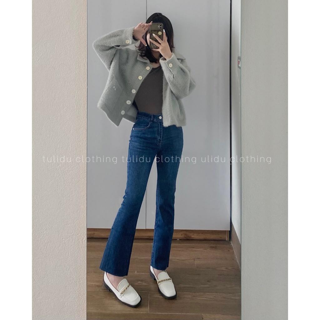 Quần Jean Ống Loe Flared Jean Lưng Cao Màu Xanh Gấu Cắt Co Giãn TULIDU Quần Bò Ống Loe #T83