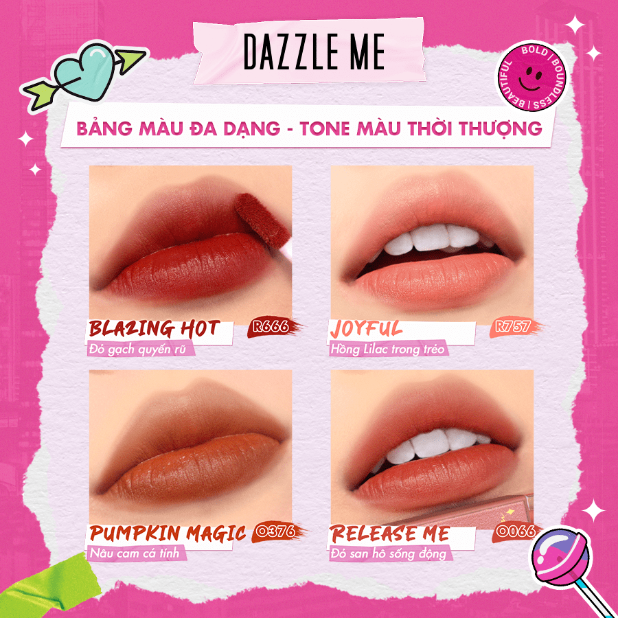 DAZZLE ME Son Kem Lì Siêu Mịn Kháng Nước Lâu Trôi Và Không Làm Khô Môi Mousse Lip Cream 4.5g