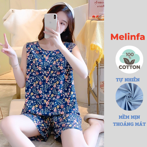 Bộ đồ ngủ ba lỗ mặc nhà nữ áo vải Cotton lụa tự nhiên mềm mại thoáng mát mặc mùa hè mã VABD0318