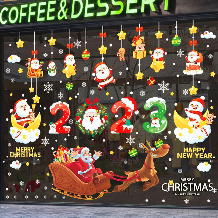 Decal dán kính noel 2023 tĩnh điện trang trí giáng sinh merry christmas khổ 60x45cm