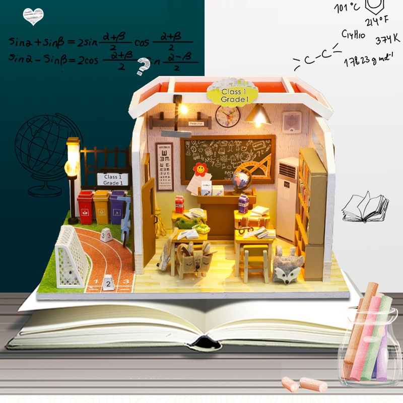 Mô hình nhà DIY Doll House Lớp học Class 1 Kèm Đèn LED và MICA chống bụi