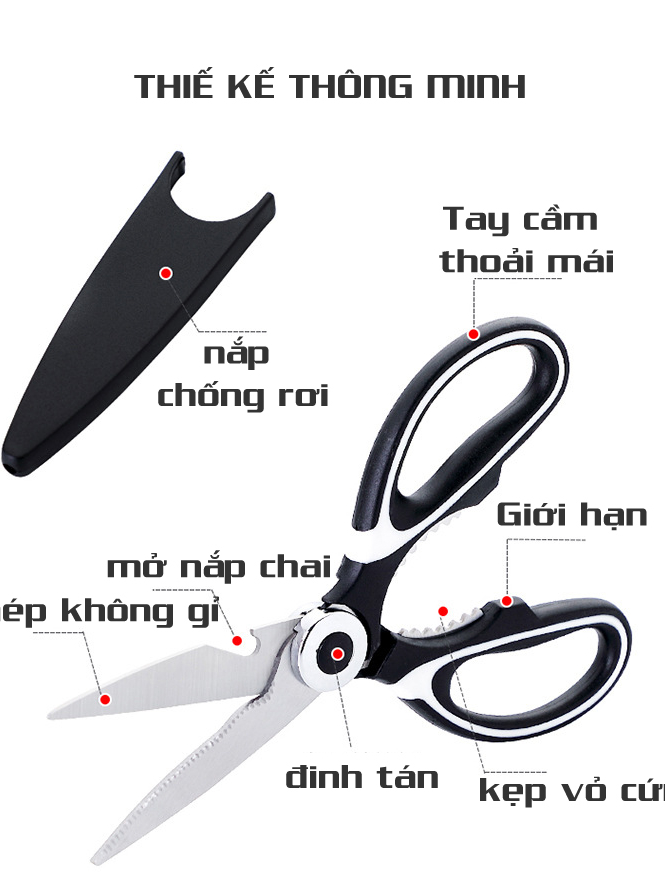 Kéo nhà bếp đa năng kéo cắt xương gà cắt thịt rau cá chuyên dụng thép không gỉ có nắp bảo vệ