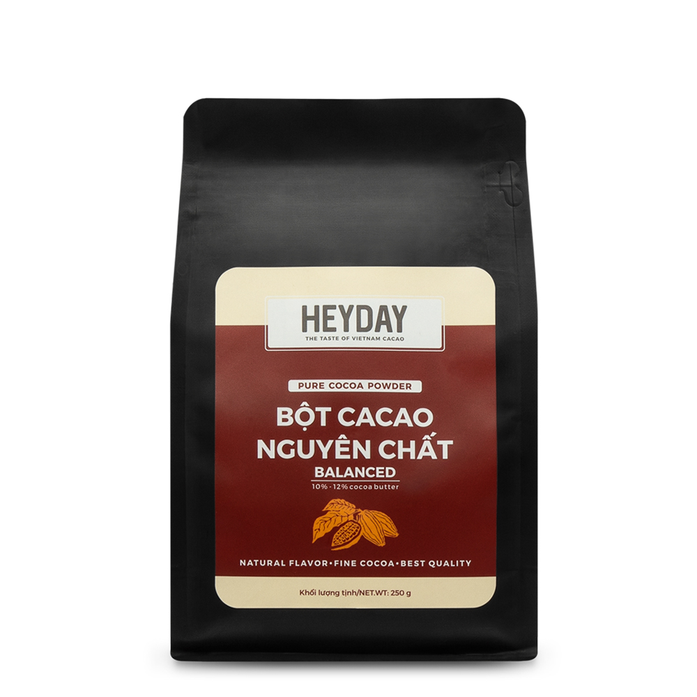 Bột cacao nguyên chất 100% Việt Nam - Dòng Balanced phổ thông túi 200g -  Chuyên dùng làm bánh, pha chế cho quán cà phê - Heyday Cacao