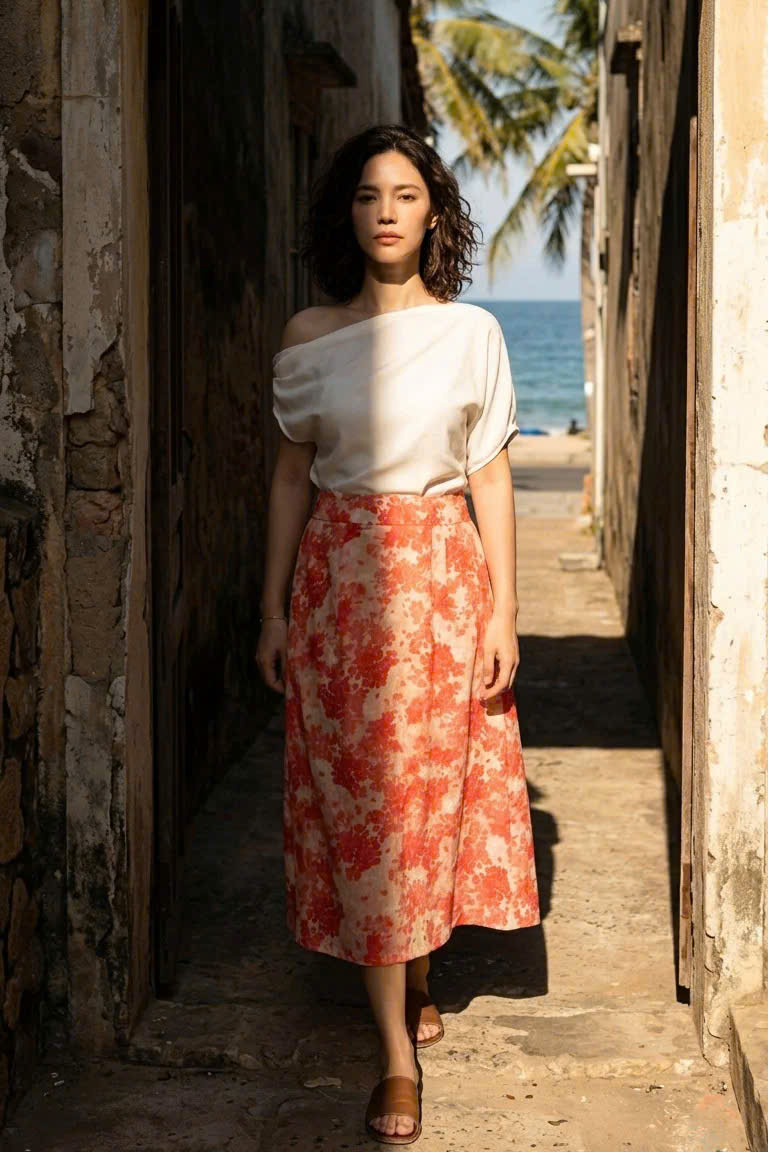 Váy Midi Ramie In Hoa Thanh Minh Ski055 Thời trang Hity