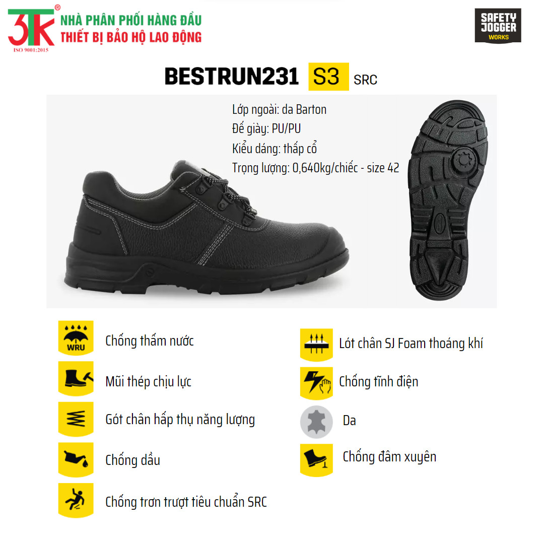 Giày Bảo Hộ Lao Động Safety Jogger Bestrun 231 S3, BestBoy 231 S3 Da Cao Cấp Chống Đinh Chống Trơn Trượt, Chống Va Đập, Chống Tĩnh Điện Sử Dụng trong Công Trình Xây Dựng