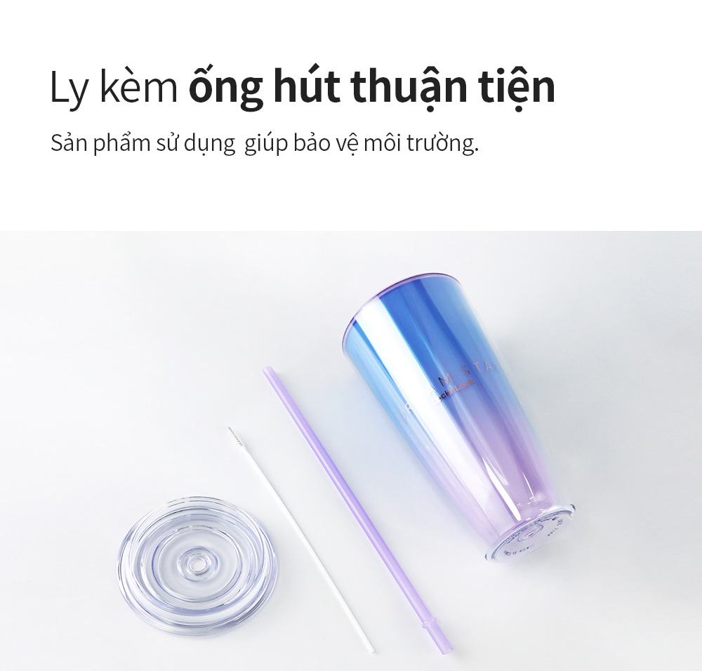 Ly nhựa 2 lớp Lock&amp;Lock màu tím xanh HAP522VOL 750ml - Hàng chính hãng, có ống hút, có nắp đậy - JoyMall