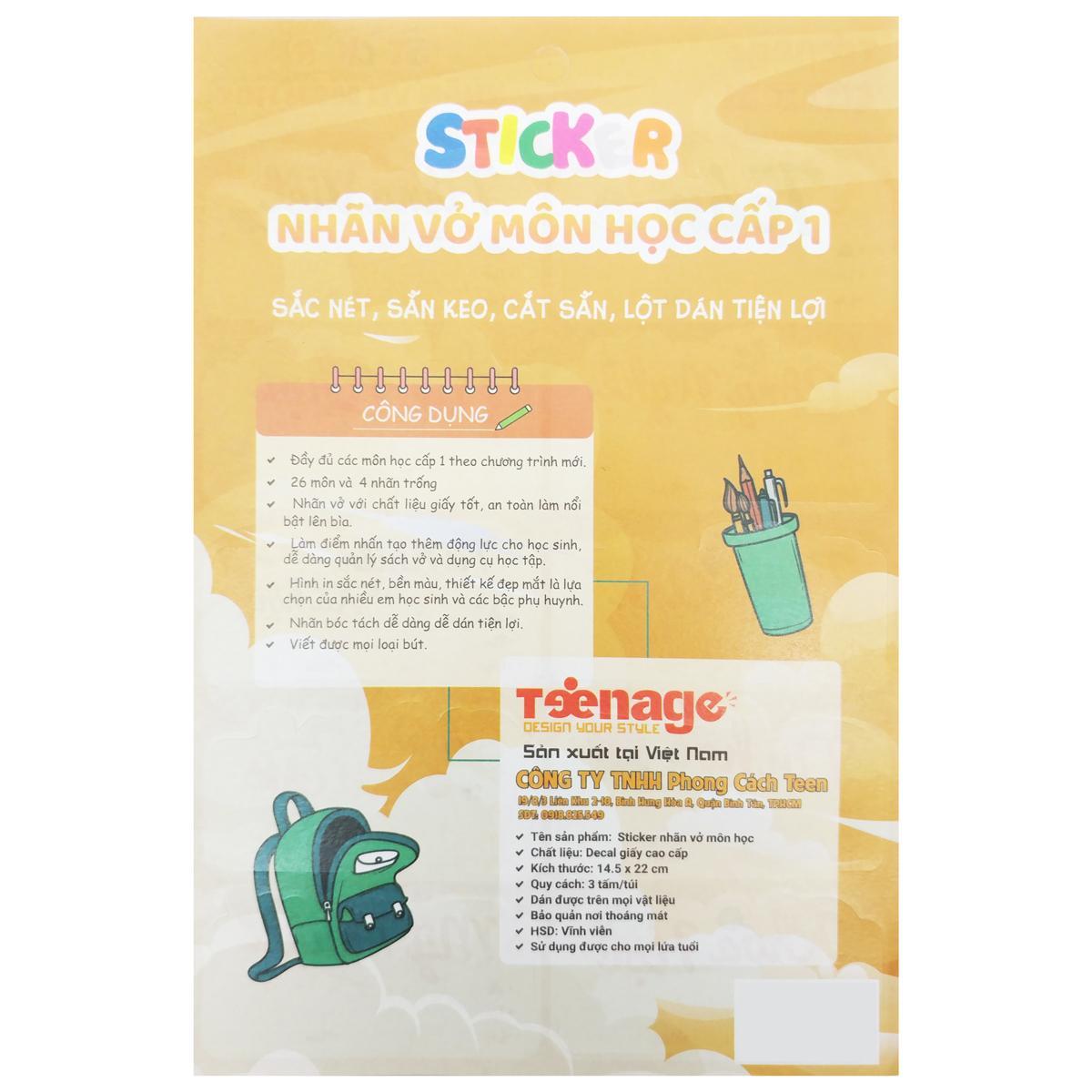 Sticker Nhãn Vở Môn Học - Teenage NV-05 - Cấp 1 (3 Tờ/Xấp)