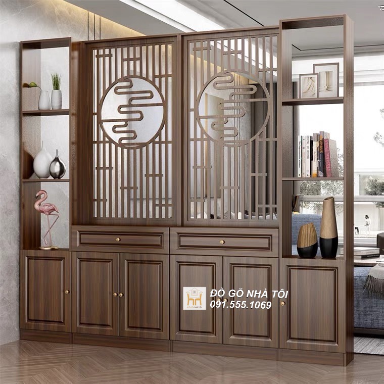 Mẫu Kệ Tivi Kết Hợp Vách Ngăn Hoa Văn Gỗ Đẹp 2m X 2m - TR620
