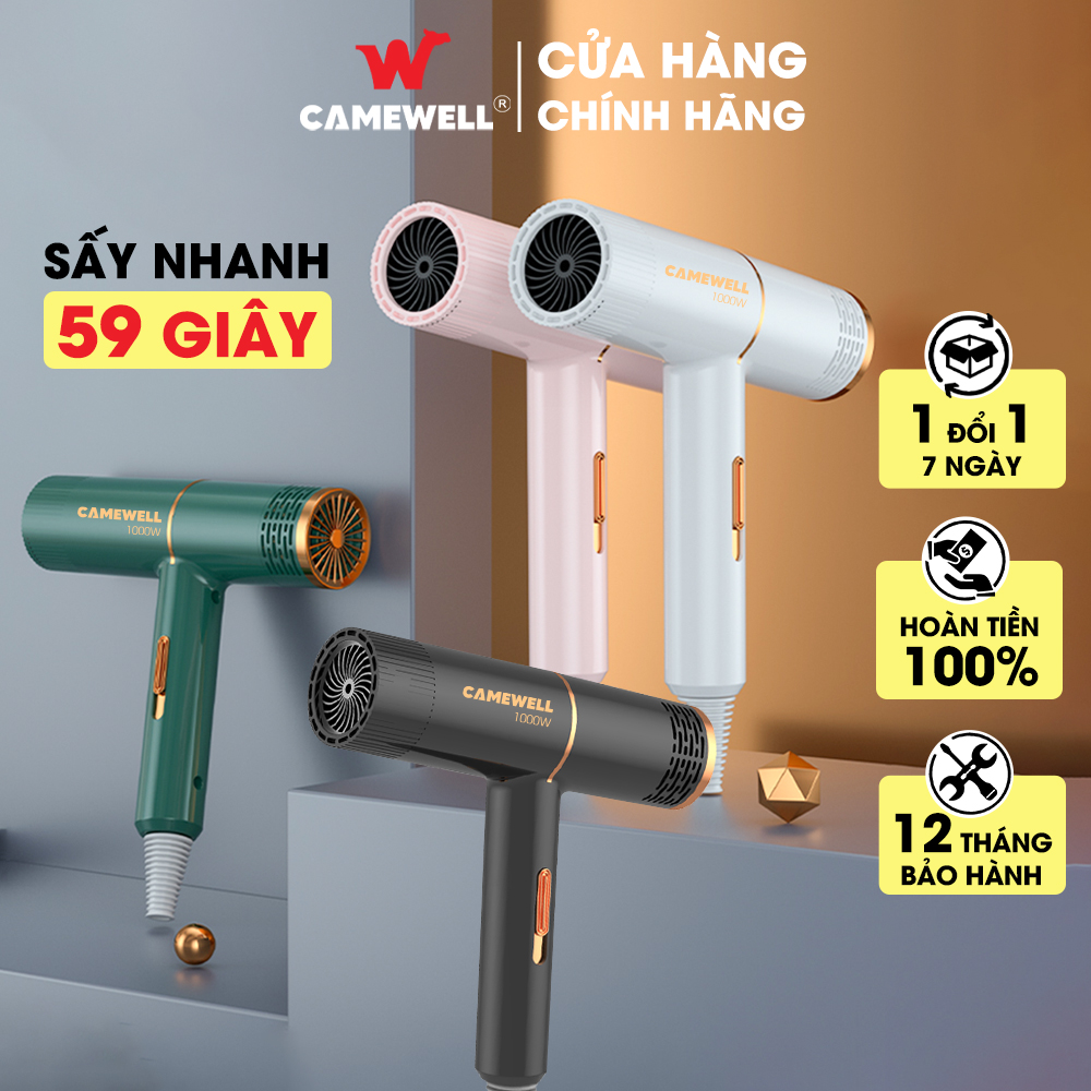 Máy sấy tóc mini chính hãng CameWell công suất lớn 1000W, giảm tiếng ồn, tặng đầu sấy tạo kiểu tóc chuyên nghiệp 2 chiều nóng lạnh CW01HD