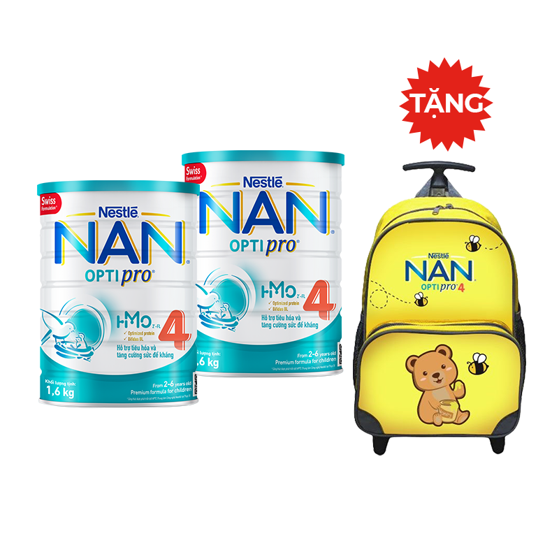 Combo 2 lon sữa Bột Nestlé NAN OPTIPRO HM-O 4 1.6kg - Tặng Balo kéo chú gấu vàng