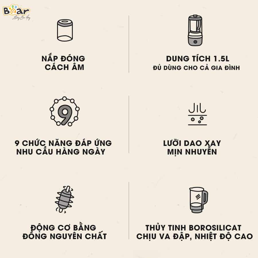 Máy xay nấu đa năng cách âm Bear PBJ-B06S2(PBJ-B06W1) màu xanh tím than, dung tích 1.5L,công suất lớn để xay, nấu nhiều loại thực phẩm dễ dàng với 7 tính năng chọn sẵn: làm sữa hạt, nấu cháo, nấu súp, xay sinh tố,…