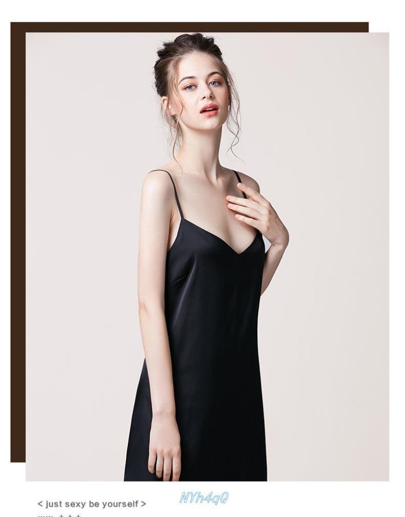 Váy ngủ nữ, váy lụa 2 dây VILADY - V129 dáng suông màu ĐEN huyền bí, chất liệu lụa Pháp cao cấp ( lụa latin)