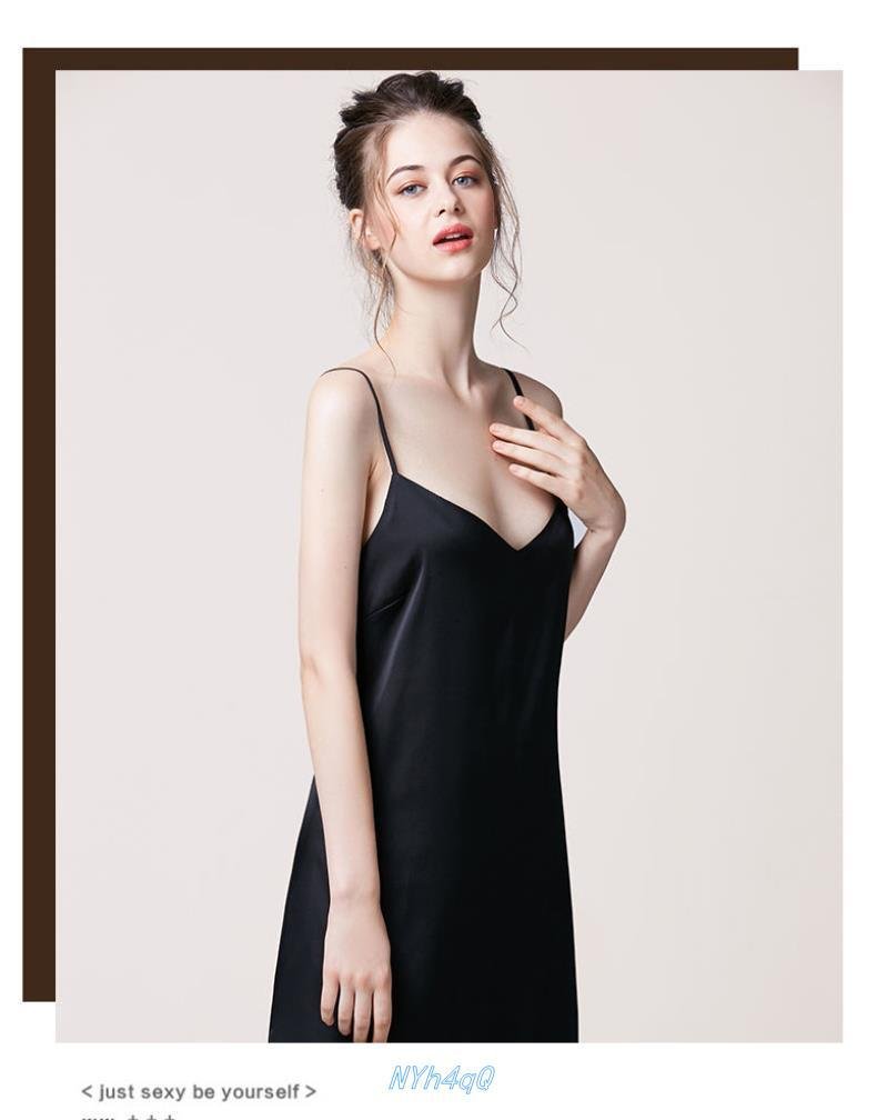 Váy ngủ nữ, váy lụa 2 dây VILADY - V129 dáng suông màu ĐEN huyền bí, chất liệu lụa Pháp cao cấp