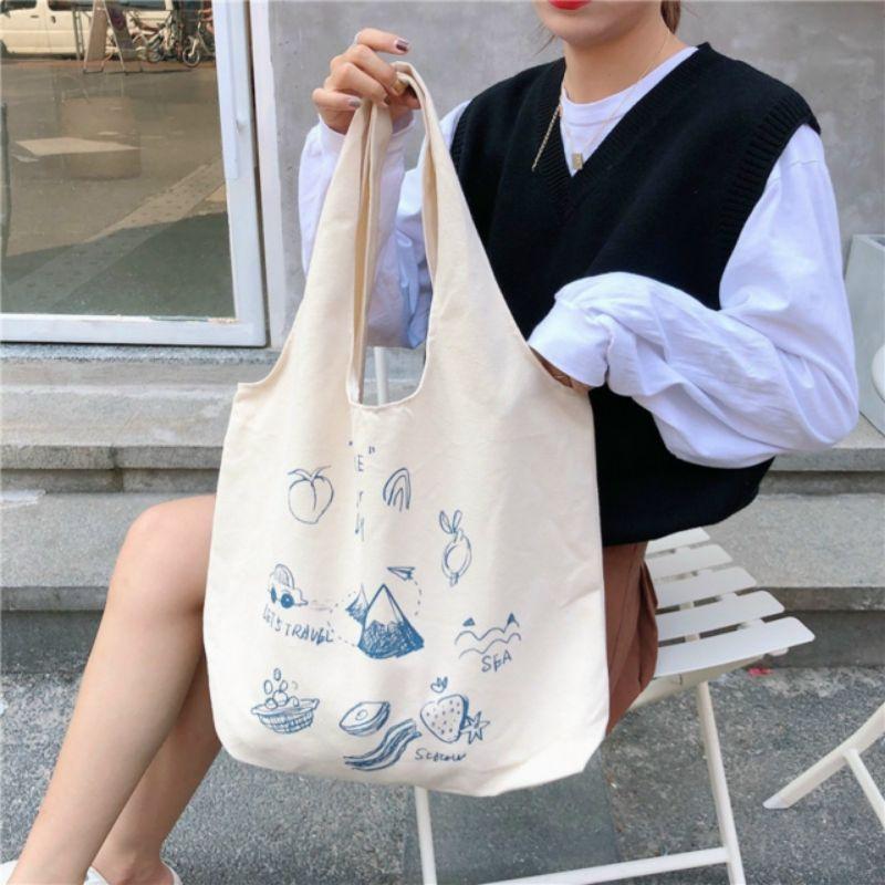 Túi vải canvas tote Hình Thiên nhiên Xanh rờn phong cách Hàn Quốc ulzzang