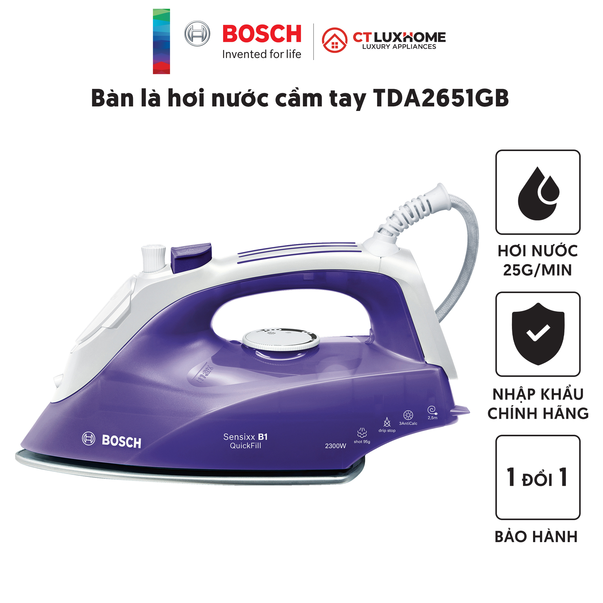 Bàn là hơi nước, Bàn ủi hơi nước Bosch TDA2651GB 2300W, 50/60Hz, Hơi nước 30g/phút [Hàng chính hãng]