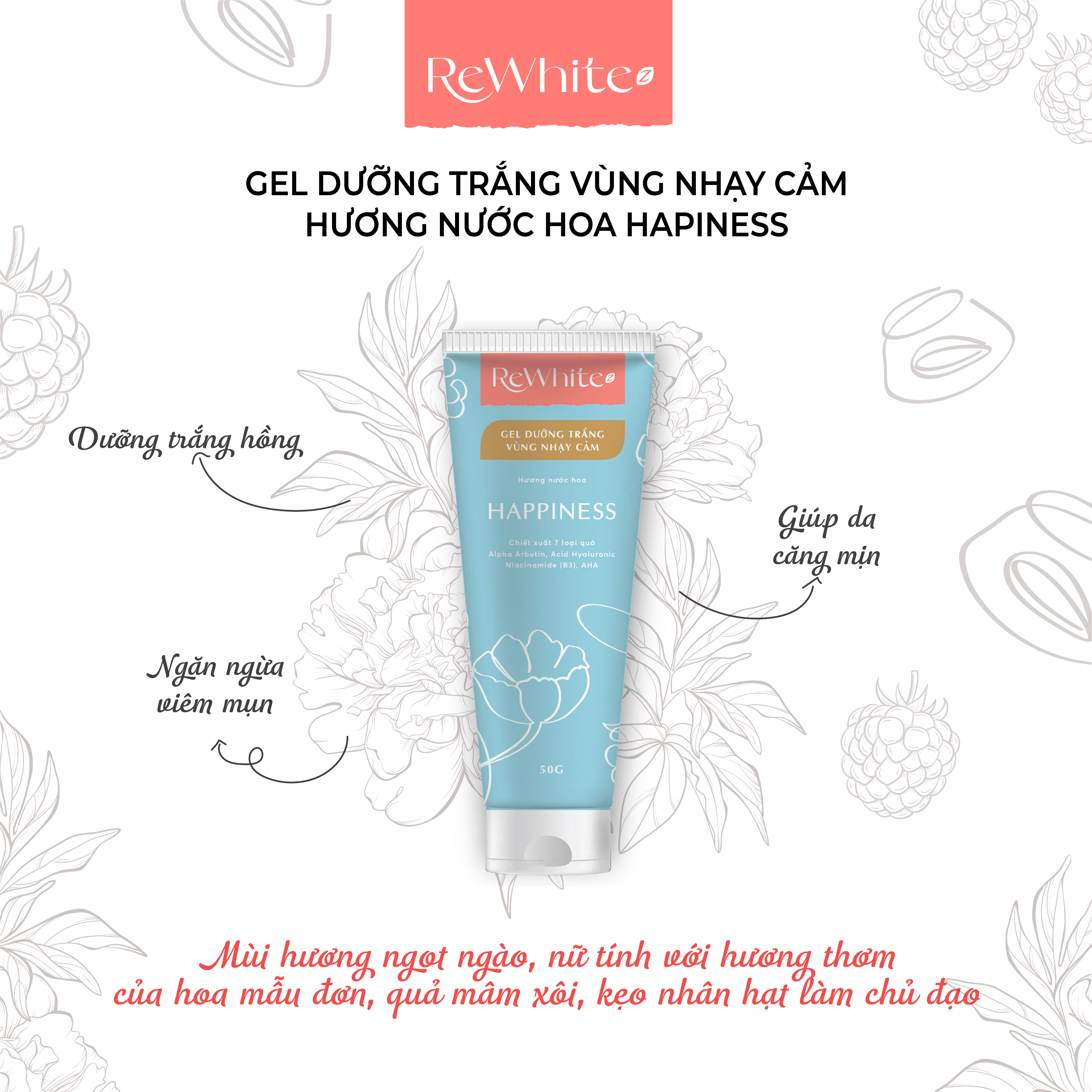 Gel Dưỡng Trắng Vùng Nách, Mông và Bikini Rewhitez Happiness Hương Nước Hoa Ngọt Ngào Tuýp Xanh (50g)