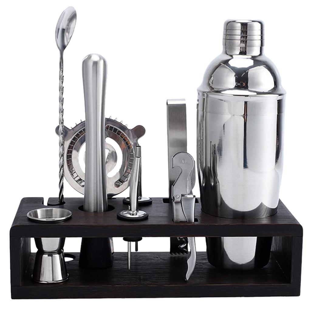 10pcs/Set Stainless Steel Bartender Kit Cocktail Martini Shaker Wooden Stand Set