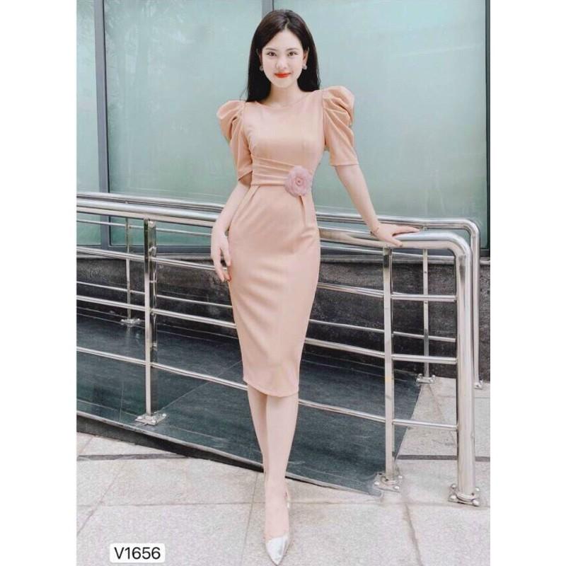 Đầm body vai phồng eo xếp li cài phụ kiện S.MLXL