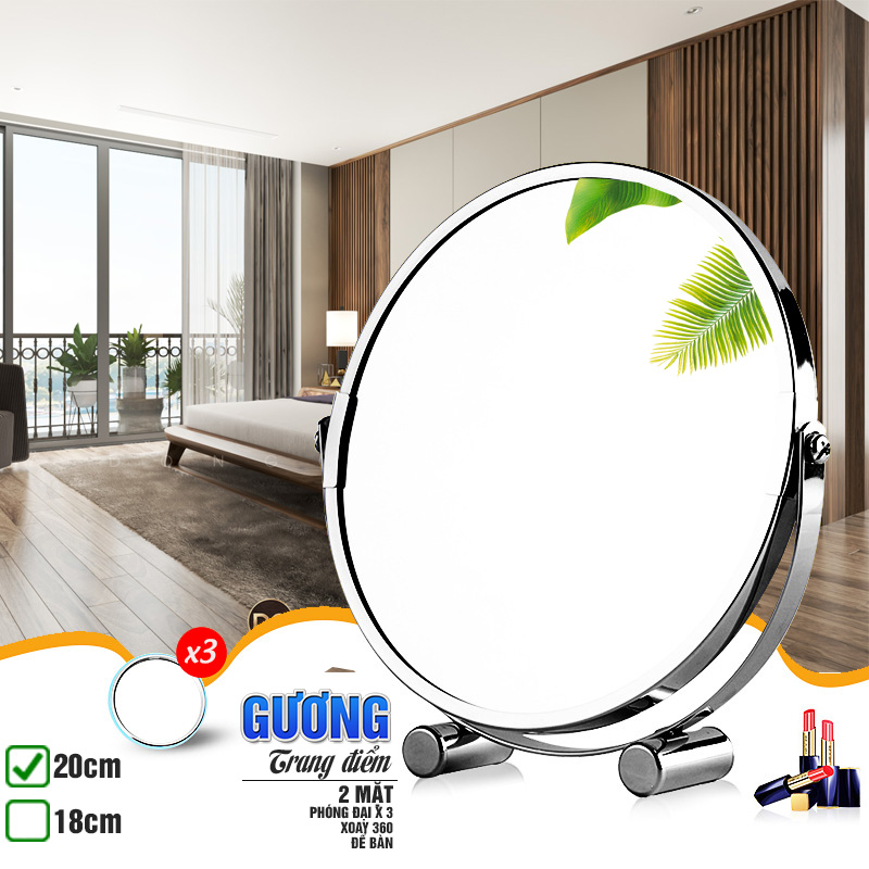 Gương trang điểm phóng đại 3 lần, xoay 360 độ, 2 mặt siêu nét, để bàn, Inox 304, Size 18cm, 20cm, Minh House G31