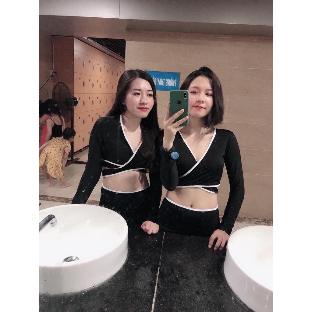 Bikini # Đồ Bơi Đi Biển Hai Mảnh Áo Chéo Tay Dài Cạp Cao KG055