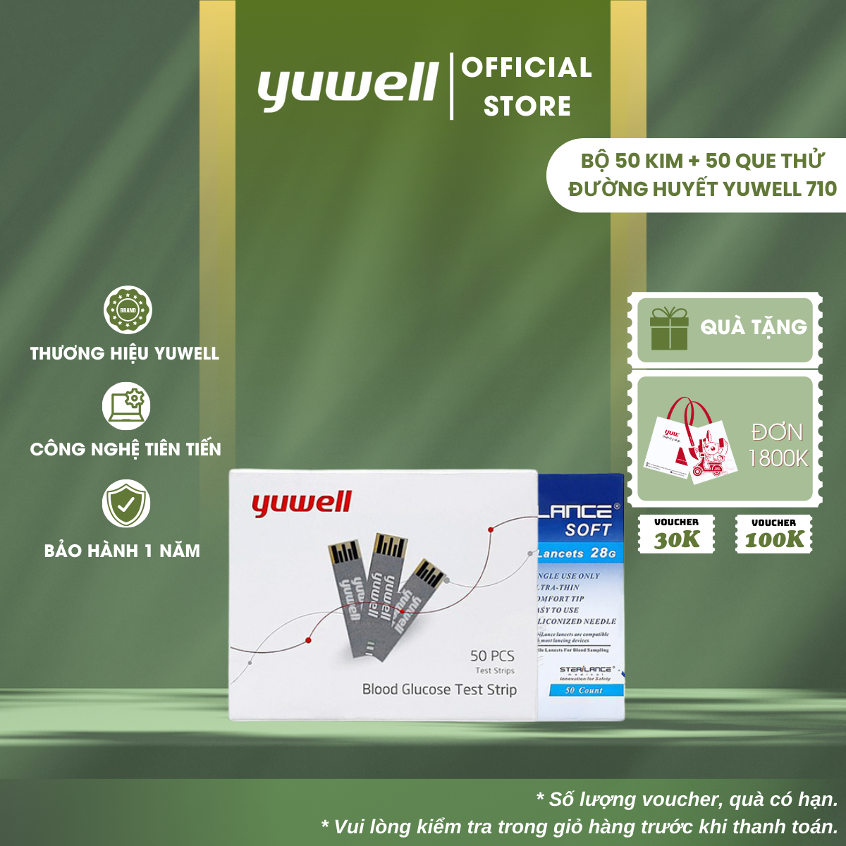 Bộ test 50 kim + 50 que thử đường huyết YUWELL dùng cho máy đo đường huyết Yuwell Accusure 710 chính hãng