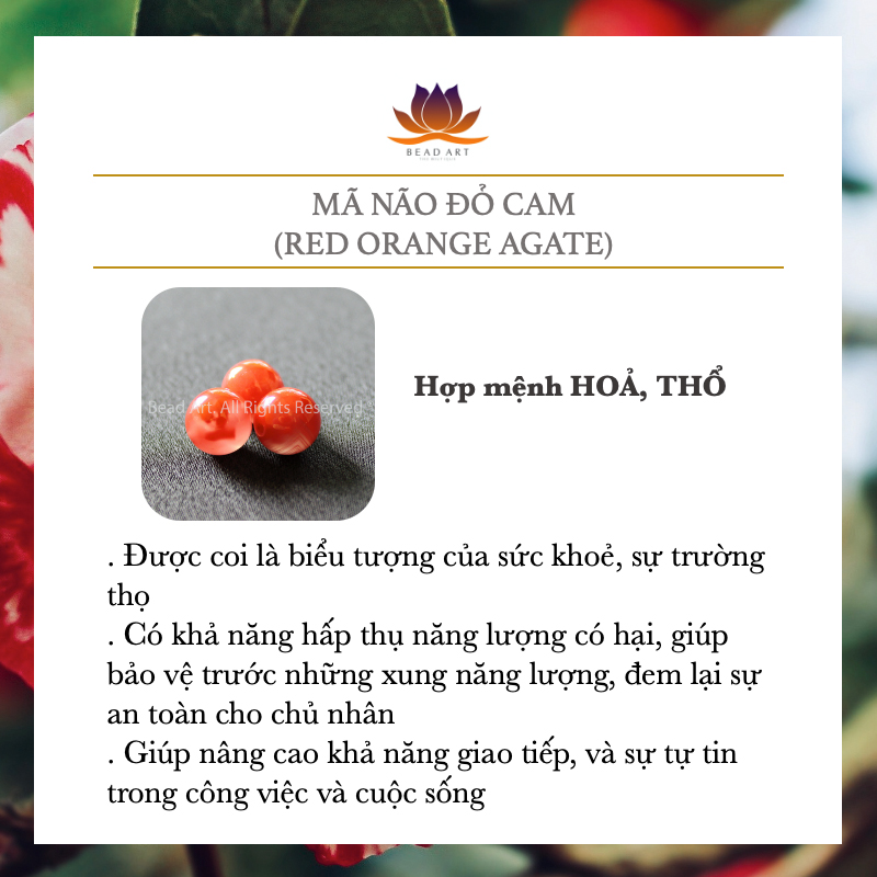 [1 Hạt] 8MM Đá Mã Não Đỏ Cam Tự Nhiên, Red Orange Agate, Carnelian, Phối Vòng Tay Phong Thuỷ, Chuỗi Hạt, Trang Sức, Mệnh Hoả, Thổ - Bead Art